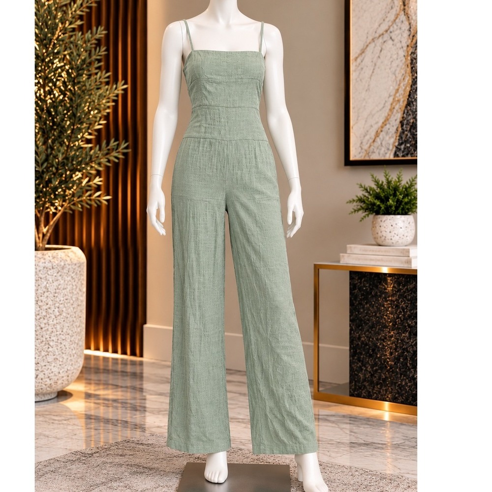 Lee Womens Jumpsuit Sage Green Linen Blend Tie Back Sleeveless Size Medium